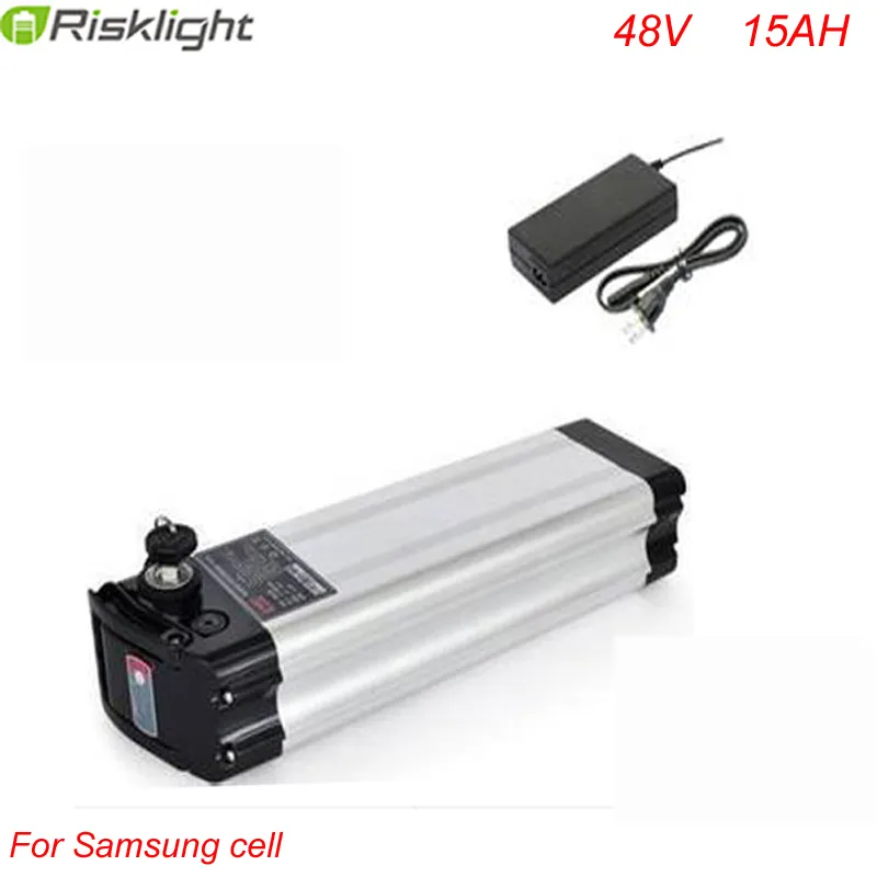 Högkvalitativ 48v 15ah elektrisk cykelbatteri Silverfisk 48v 15ah Samsung Cell Batteri med aluminiumväska + Laddare
