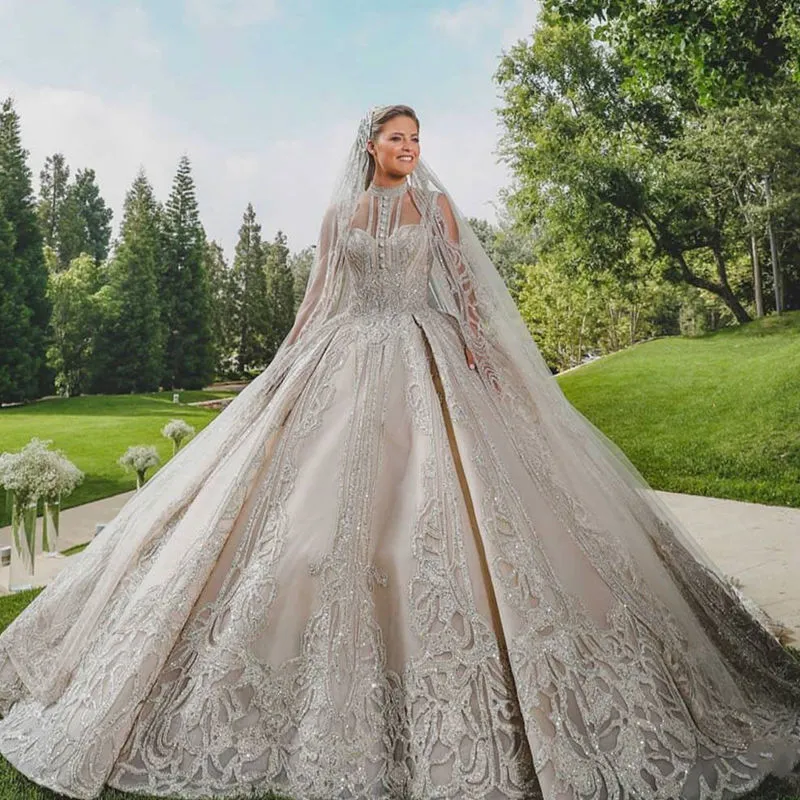 Luxury Dubai Arabic Style Wedding Dresses 2020 Gorgeous Sparkly High Neck Illusion Top Ball Gown Wedding Gowns Robe De Mariee