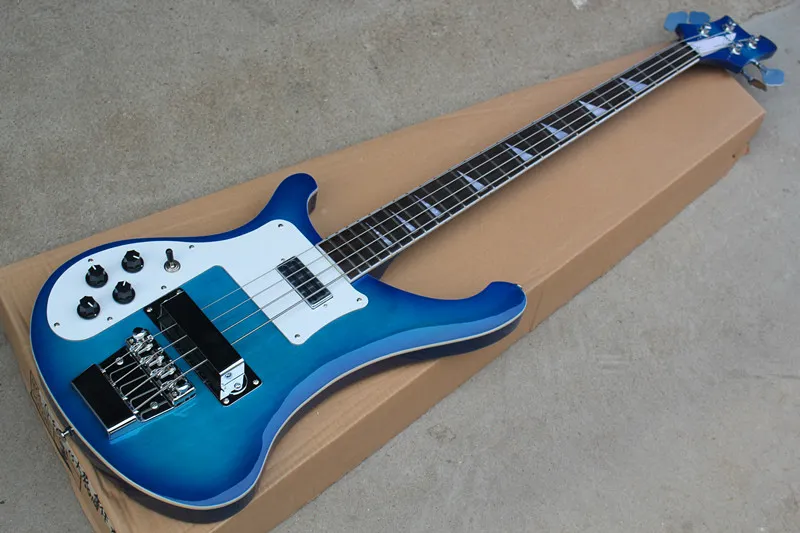 Guitarra baixo elétrica especial azul de 4 cordas com mão esquerda, Pickguard branco, Hardwares do cromo, pode ser personalizado a pedido.