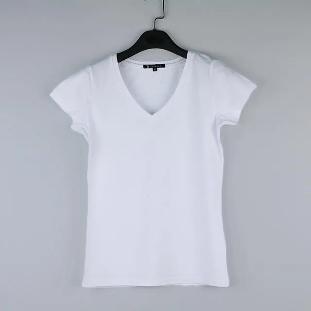 Solid Högkvalitativ V-Neck Candy Färg Bomull Basic T-Shirt Kvinnor Vanlig Enkel T-shirt för Kvinnor Kortärmad Kvinnlig Toppar Trend