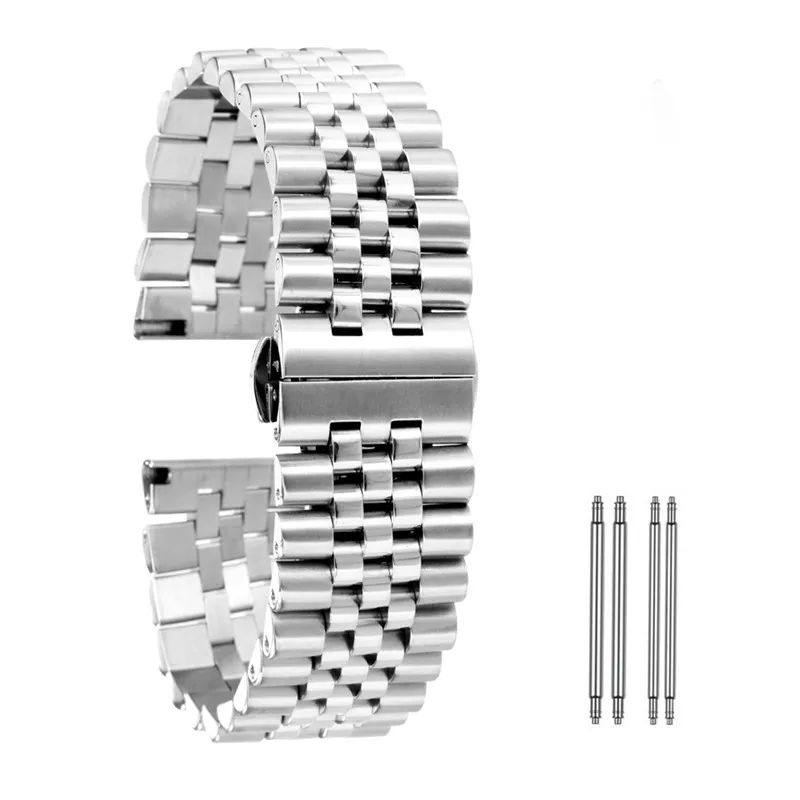 Hoge kwaliteit zilver 20mm 22mm horloge accessoire massief roestvrij stalen band 5 kralen polsband vervangende armband rechte uiteinden
