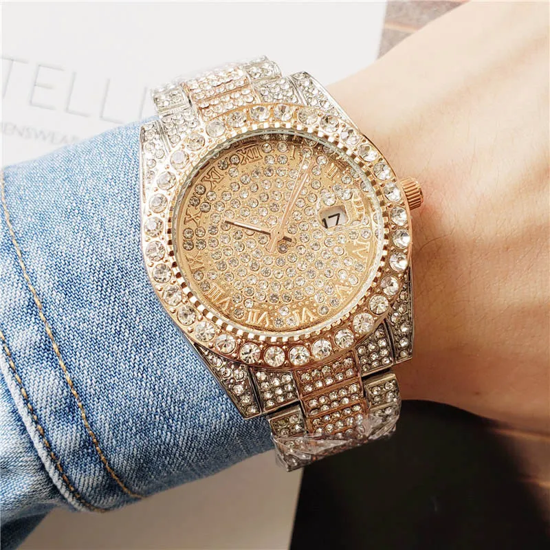 Mens Stainless Steel Crystal Watch With Date, Gold, Silver