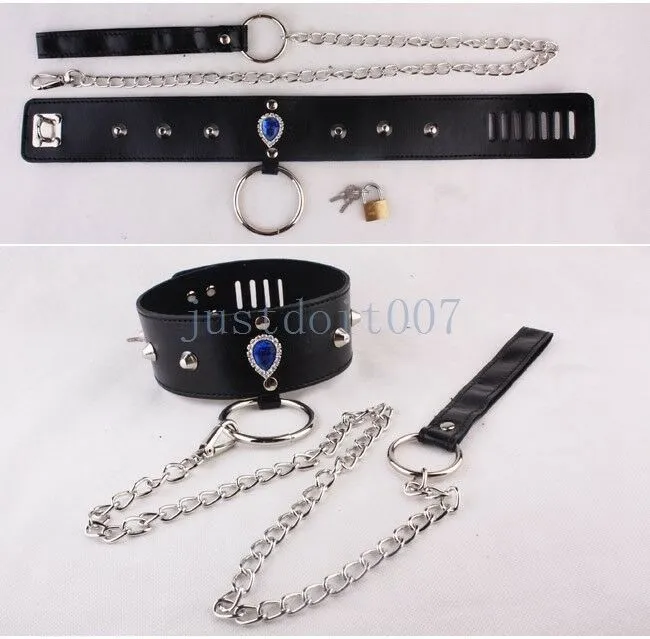 Bondage Fantasy PU couro embutido Crystal Collar Chain Chain Leashé Restrant Game Lock A56