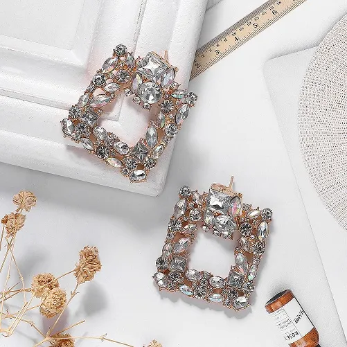 الجملة- أزياء مصمم فاخر مبالغ فيها البريق كامل الماس حجر الراين هندسية مربع مربع أقراط للنساء