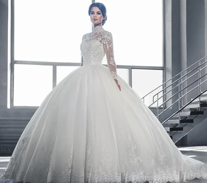 High Collar Sheer Long Sleeves Lace Ball Gowns Wedding Dresses Vintage Applique Lace Tulle Bridal Gowns Vestidos De Noiva Custom Made HY4177