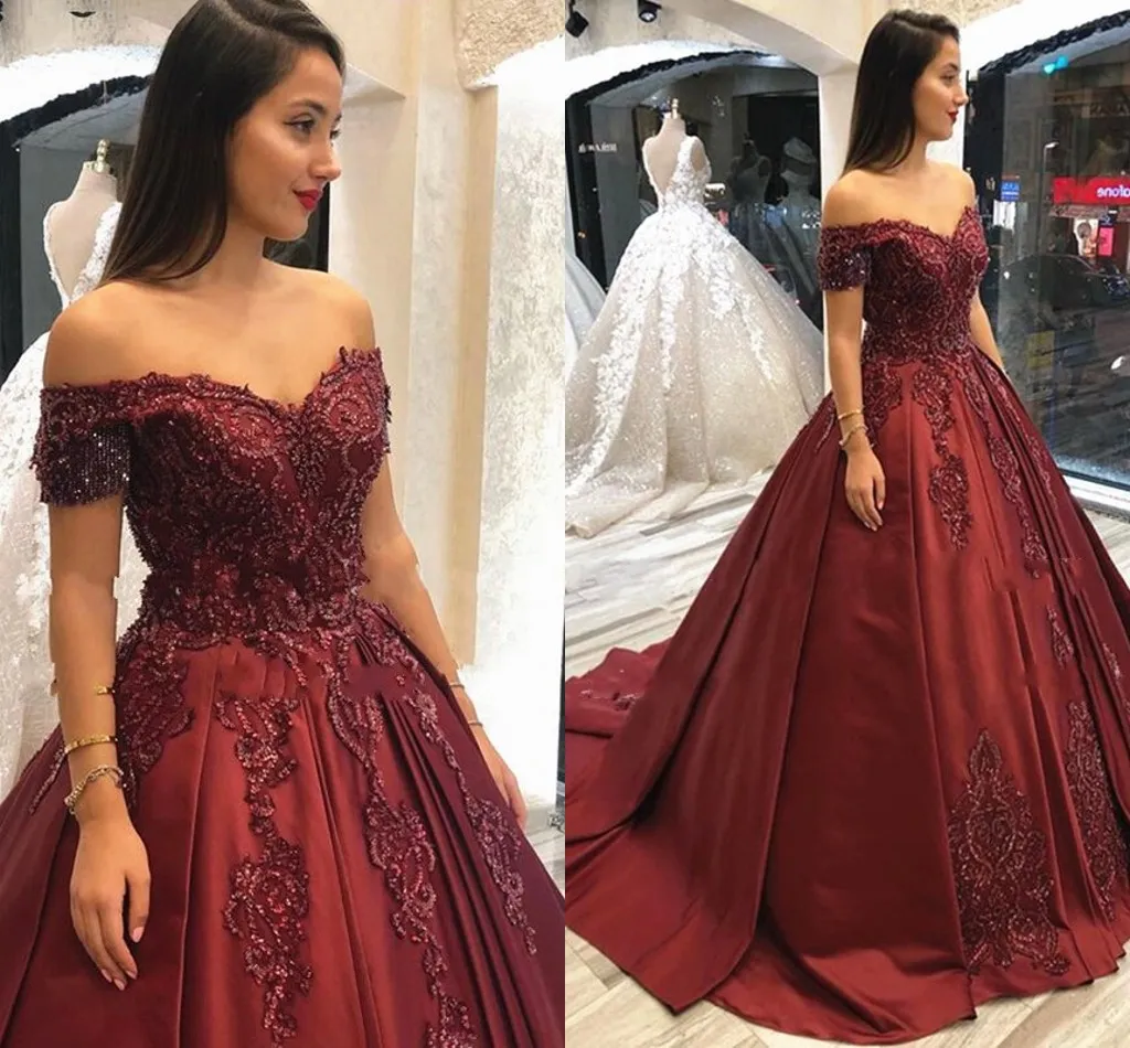 ワイン刺繍ビーズクリスタルQuinceAnera Dress Vestiods de Festia 2020肩のドレープサテン・ウエディングドレスAラインのイブニングドレス