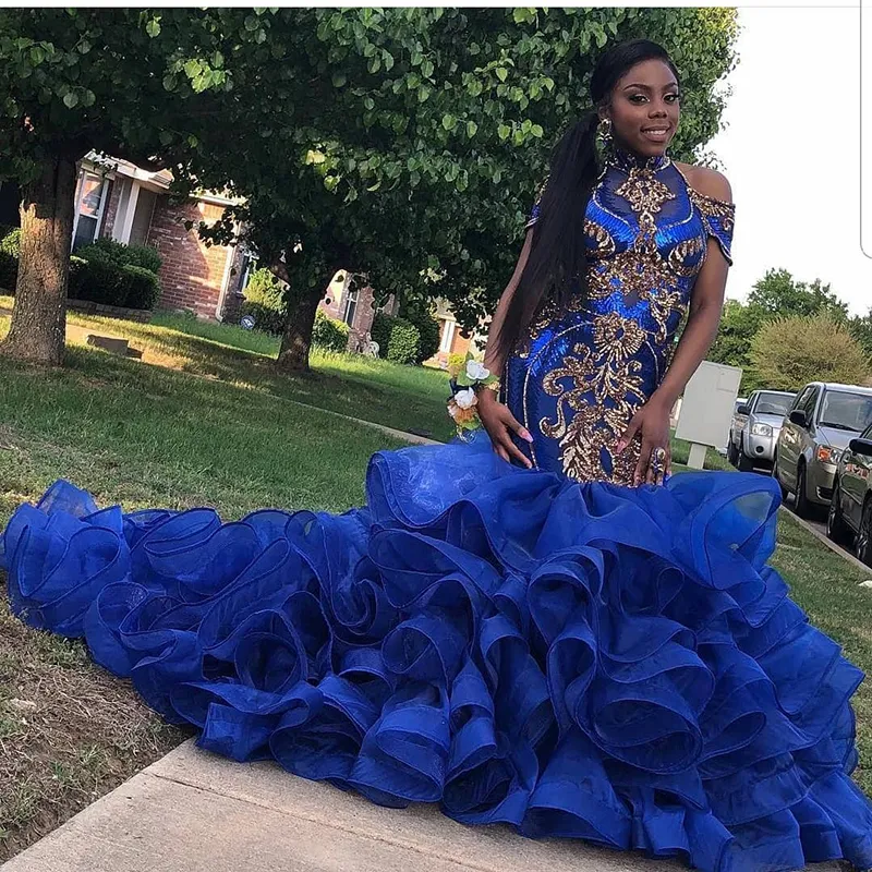 Royal Blue Mermaid Prom Dress 2020 Sexy Manga Cap de Ouro Lantejoula Tiered Ruffles Preto Africano longo menina vestidos de noite ocasião