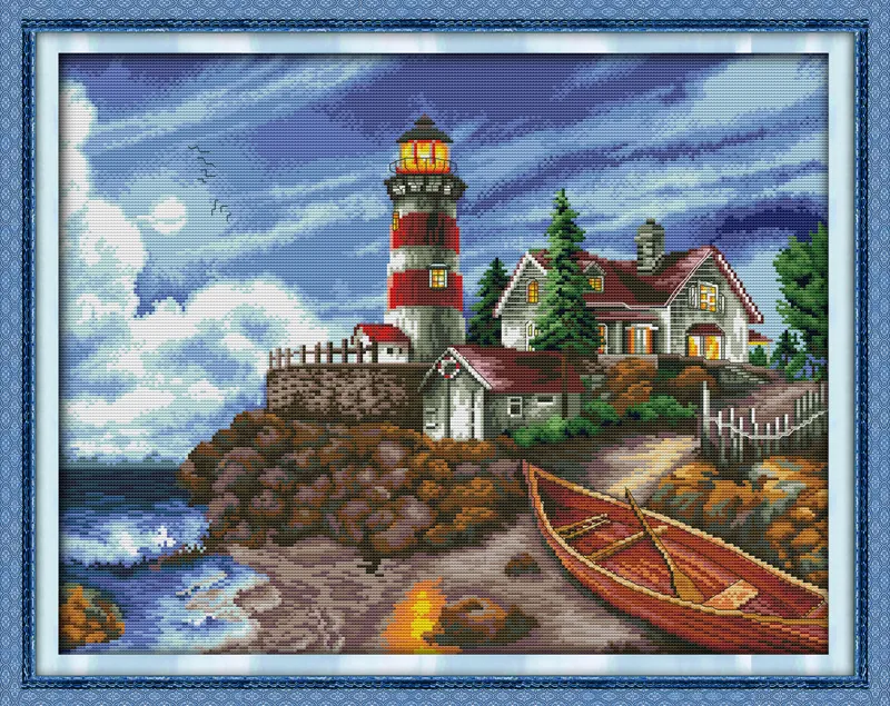 The seaside lighthouse scenery home decor painting ,Handmade Cross Stitch Embroidery Needlework sets counted print on canvas DMC 14CT /11CT