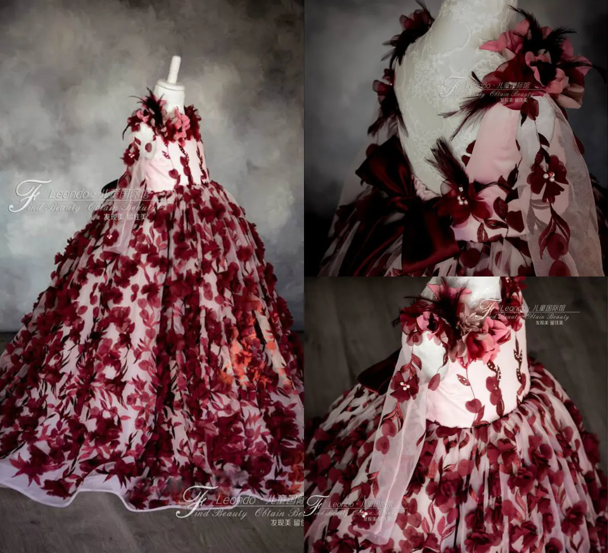 Burgundy 꽃 소녀 드레스 결혼식 3D 꽃 귀여운 소녀 미인 드레스 긴 소매 첫 번째 거룩한 친교 드레스