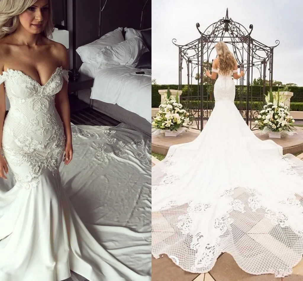 2020 New Sexy Luxury Mermaid Wedding Dresses Off Shoulder Lace Appliques Beaded Tulle Sexy Corset Back Chapel Train Plus Size Bridal Gowns