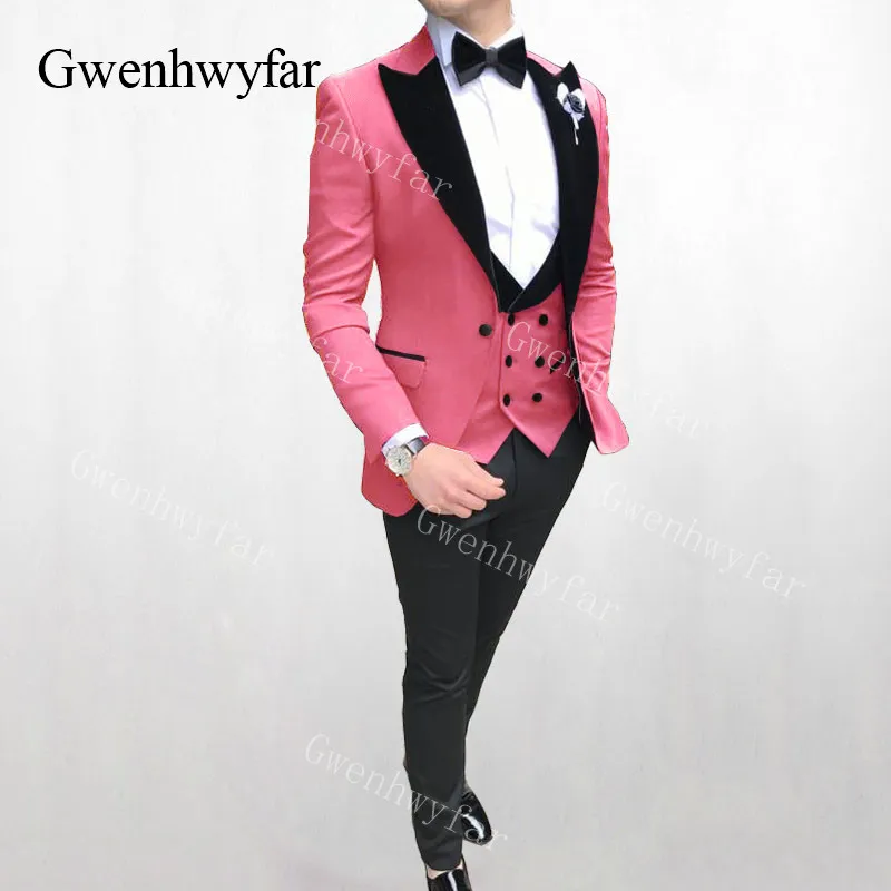 Velvet Flamingo Groomsmen Tuxedos for Men s Wedding One Button Suit Jacket Pants Vest