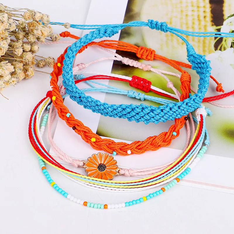 5 Pcs Set Handmade Woven Rope Daisy Charm Vsco Girl Friendship Bracelet Boho Adjustable Colorful Lucky Chains Bracelets Jewelry for Girls