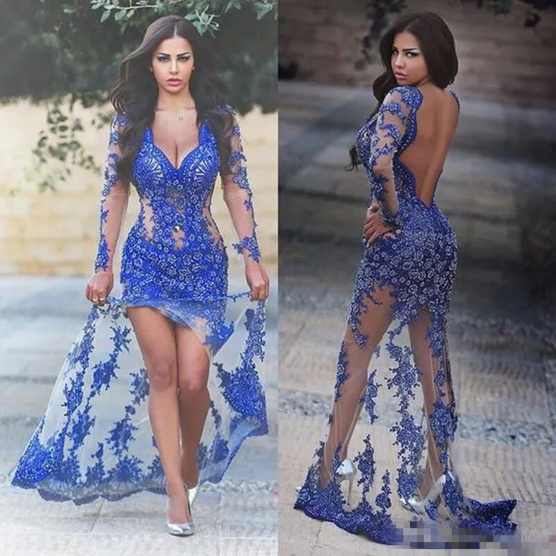 Illusie lijfje sexy blauw zeemeermin prom jurken lange mouwen kanten applique Deep V nek High Low Formal Evening Party Jurken Custom Made Made Made