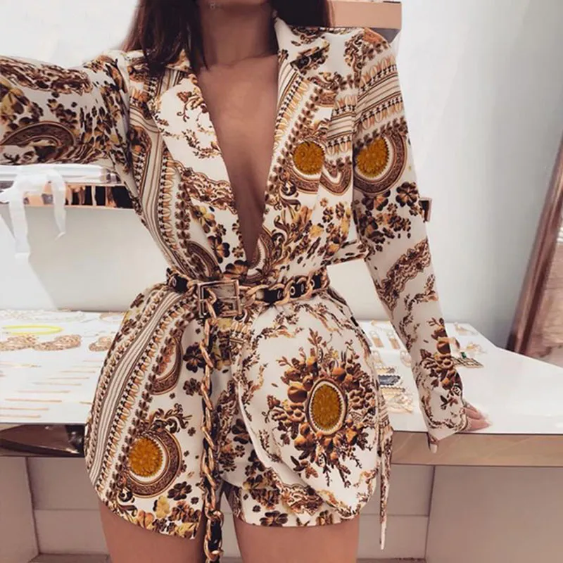 Floral Print Gold Set For Women Blazer And Shorts Suit Women With V ...