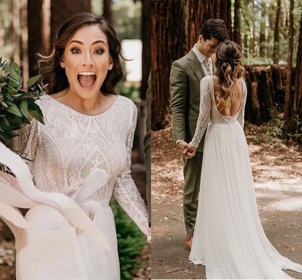 Amor U Sem Encosto Manga Longa Rendas Vestidos de Casamento Boêmio 2019 Bateau Bainha Chiffon Praia Vestido de Noiva Vestidos de Noiva Vestido Barato De Novia