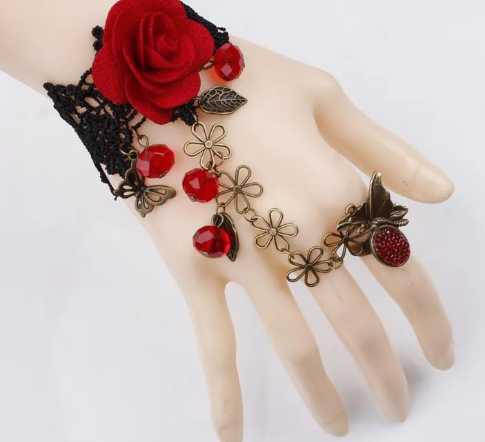 Neue Stil Vintage Rote Rose Charme Armbänder 2016 Heißer Verkauf Ring und Armbänder Perle Schwarz Spitze Hohe Qualität Frauen Armbänder Großhandel
