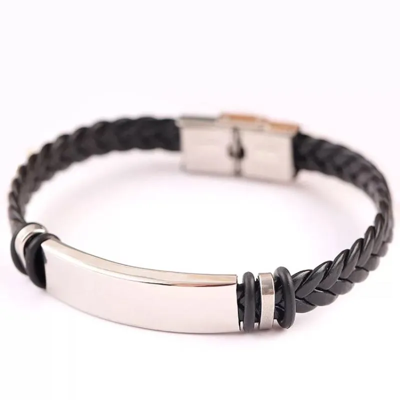 Mens Black PU Leather Cuff Knitting Rope Bracelet Titanium Steel Bangle ...