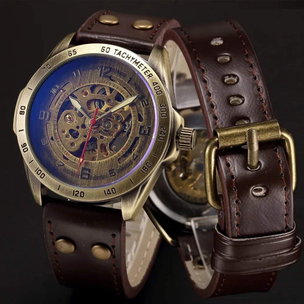 Leather Male Mechanical Watch Men Automatic Steampunk Watch Mens Skeleton  Watches Bronze Transparent Vintage Sport Wristwatch 