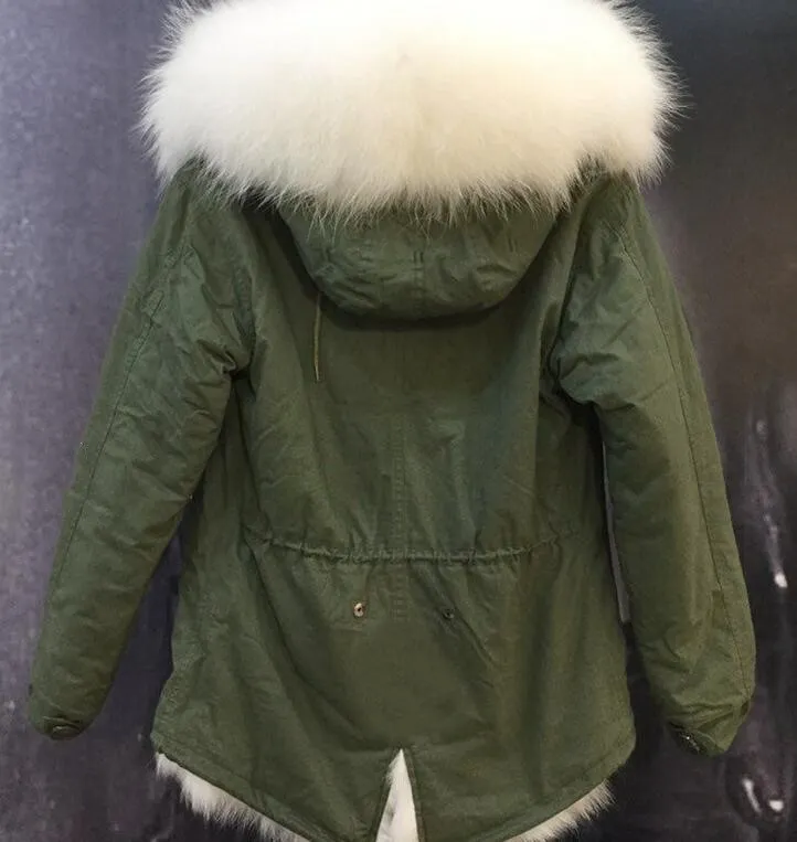 Fox fur lined Army Green canvas mini Parka white raccoon fur trim Mukla furs brand Women snow jackets with ykk zipper