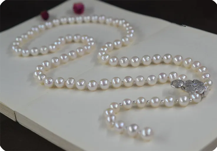 Элегантный 8-9 мм пресноводный жемчужный ожерелье белый свитер цепи четыре листа клевер застежка длинные ювелирные изделия