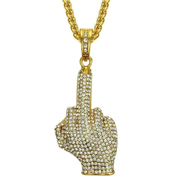 Collier en or avec pendentif en diamant d'eau pour homme au doigt du milieu, plaqué or 18 carats