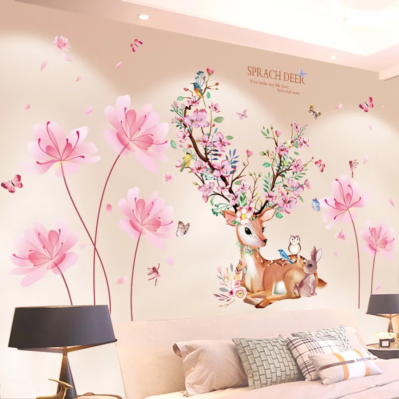 [ShijueKongjian] Jeleń Naklejki Ścienne DIY Kwiaty Roślin Naklejki Ścienne Do Domu Dzieci Pokoje Dekoracja Baby Sypialnia