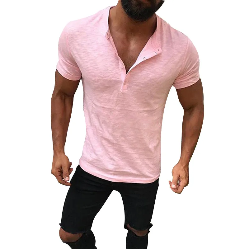 Mężczyźni Lato Solid Button Slim Fit V Neck Krótki Rękaw Tank Top Tunic Bluzyka S-2XL