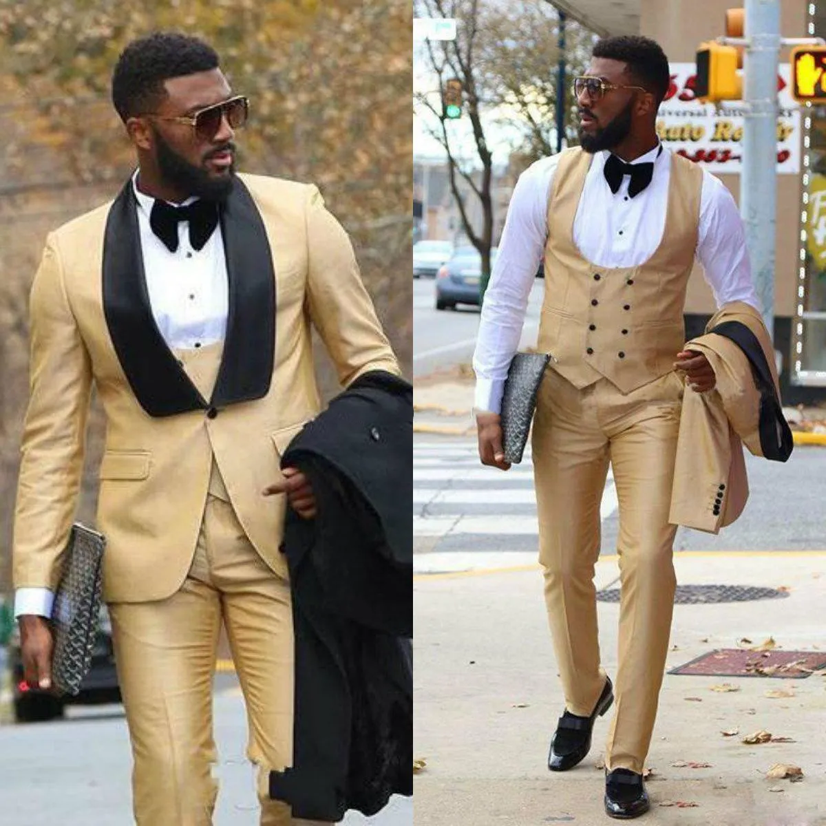 FashionChic Gold Mens Suits Wedding Tuxedos Black Shawl Lapel Slim Fit Formal Prom Party Suit Groomsmen Groom Suits Jacket+Vest+Pants