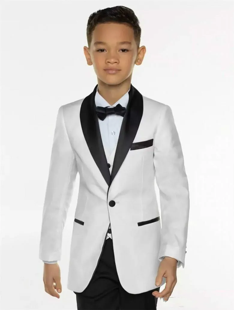 White Boys Tuxedo Boys Dinner Suits 3 Piece Boys Black Shawl Lapel Formal Suit Tuxedo for Kids Tuxedo for Wedding Party Jacket+Pants+Vest