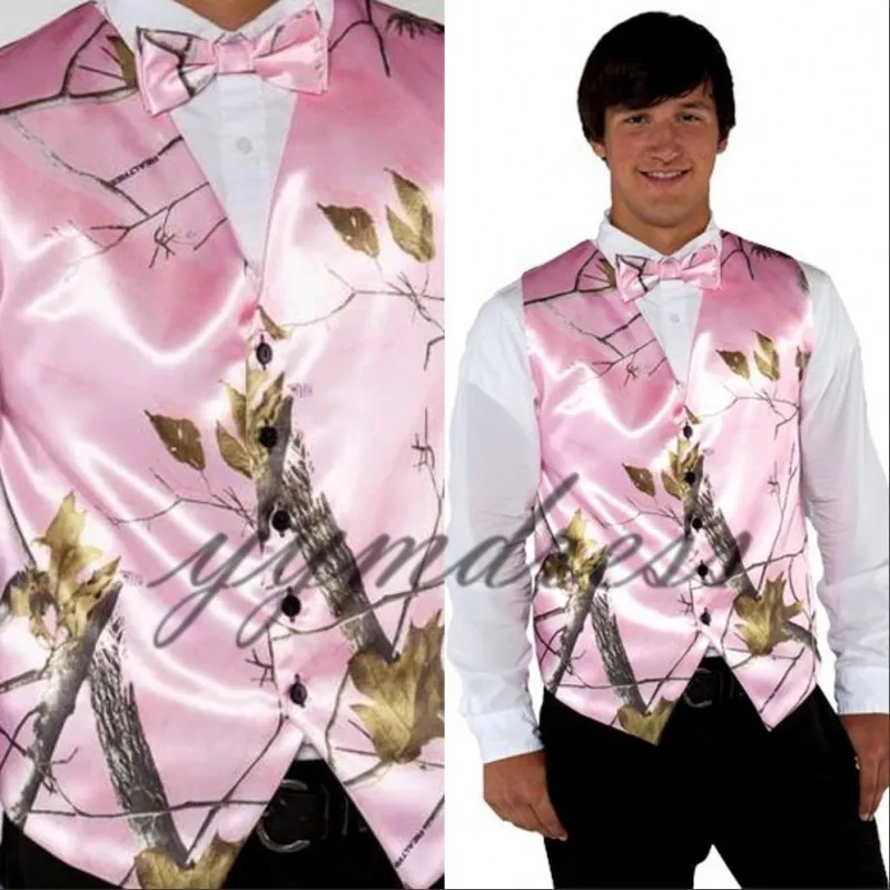 Chalecos de camuflaje rosa para hombre 2019 Slim Sit Camuflaje Chaleco de novio Satén barato Árbol real Chalecos de boda formales País por encargo