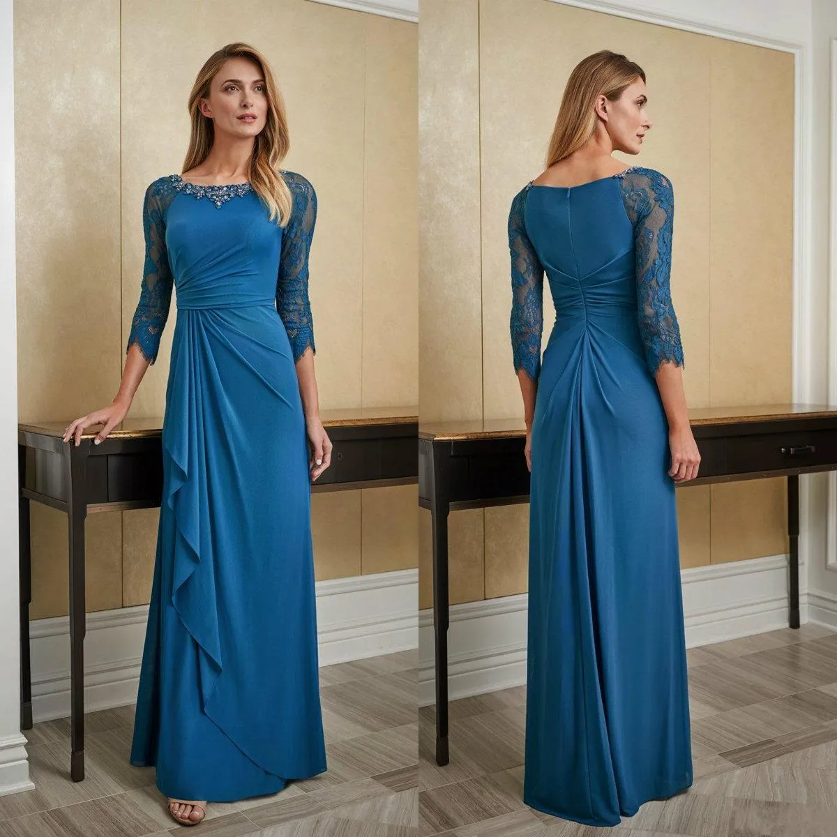 Teal Blue Mother of the Bride Dresses for Wedding 3/4 Long Sleeve Evening Gowns Pleated Crystals Lace Beads Chiffon Wedding Guest Dress