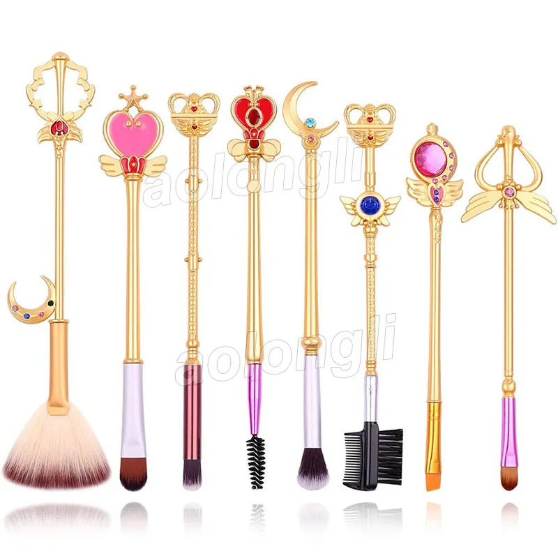 Makeup Brushes Sailor Moon Set Cardcaptor Sakura Cosmetic 8pcs Gold Cute Brush Face Eye Shadow Eyeliner Foundation Blush Pink Pouch Q240507