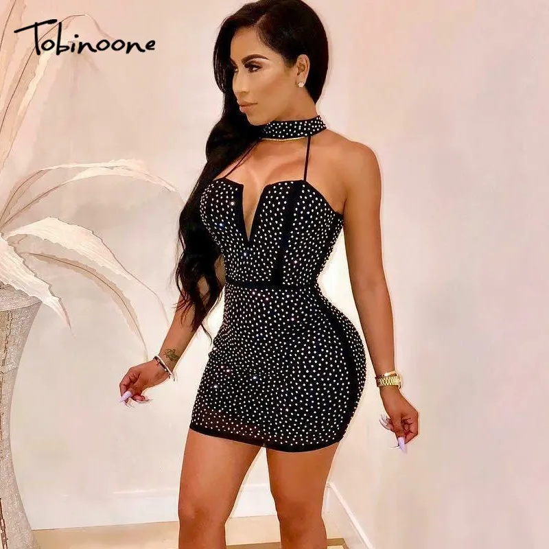 Tobinoone Hollow Out Party Bodycon Платье для BodyCon Женщины 2019 Глубокий V Шеи Choker Короткое Карандаш Платье Сексуальное Бек