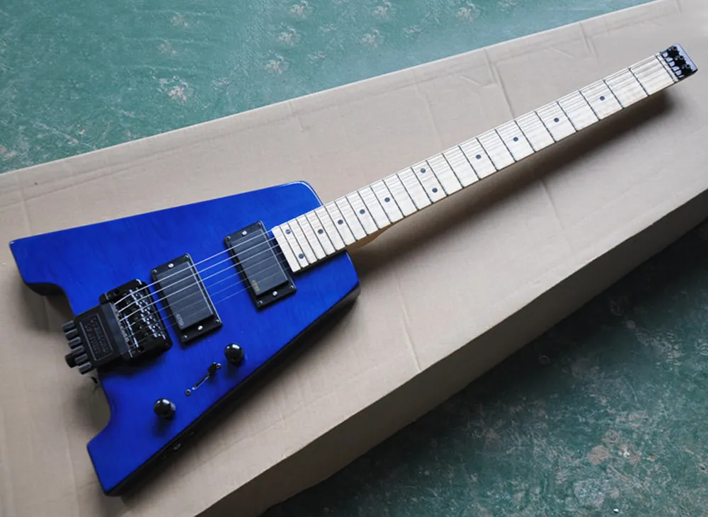 Голубая безголовая электрическая гитара с пикапами EMG, Floyd Rose, Maple Fretboard, Abalone Inlay, можно настроить в качестве запроса