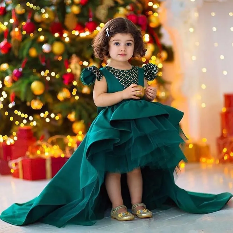 2020 Nowy Dark Hunter Green Green Girls Dresses Cap Rękawy Kryształ Zroszony Wysokiej Niskiej Kwiat Dziewczyna Suknie Dzieci Noszą Urodziny Komunion Dress