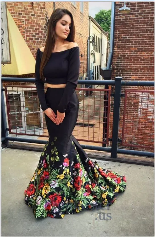 Black Printed Satin Evening Dresses Wear 2020 Long Sleeve Off Shoulder Mermaid Prom Dress 2 Piece Homecoming Bridesmaid Dress Vestidos De