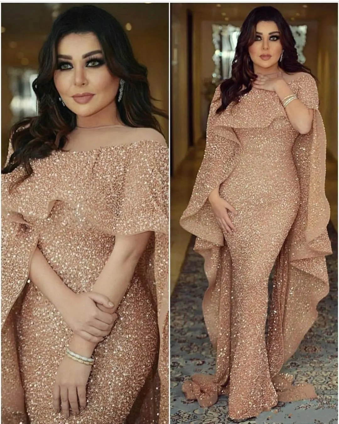 Moyen-Orient Arabe Champagne Bling Bling Paillettes Sirène Robes De Bal Bijou Cou Volants Étage Longueur Robe De Soirée Tenue De Soirée Robes De Soirée