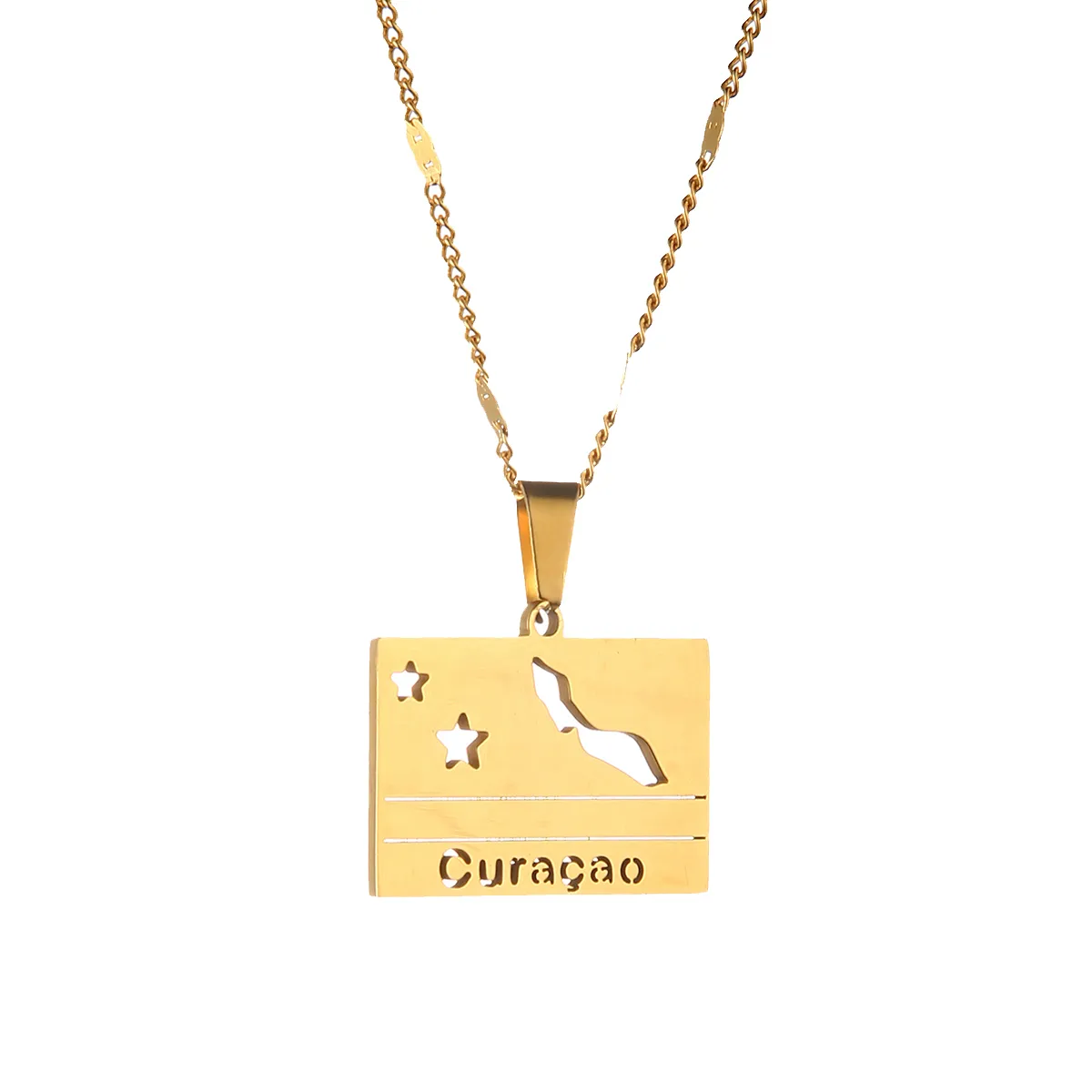 Stainless Steel Rectangle Curacao Map and Flag Pendant Necklaces for Women Girls Maps Jewellery