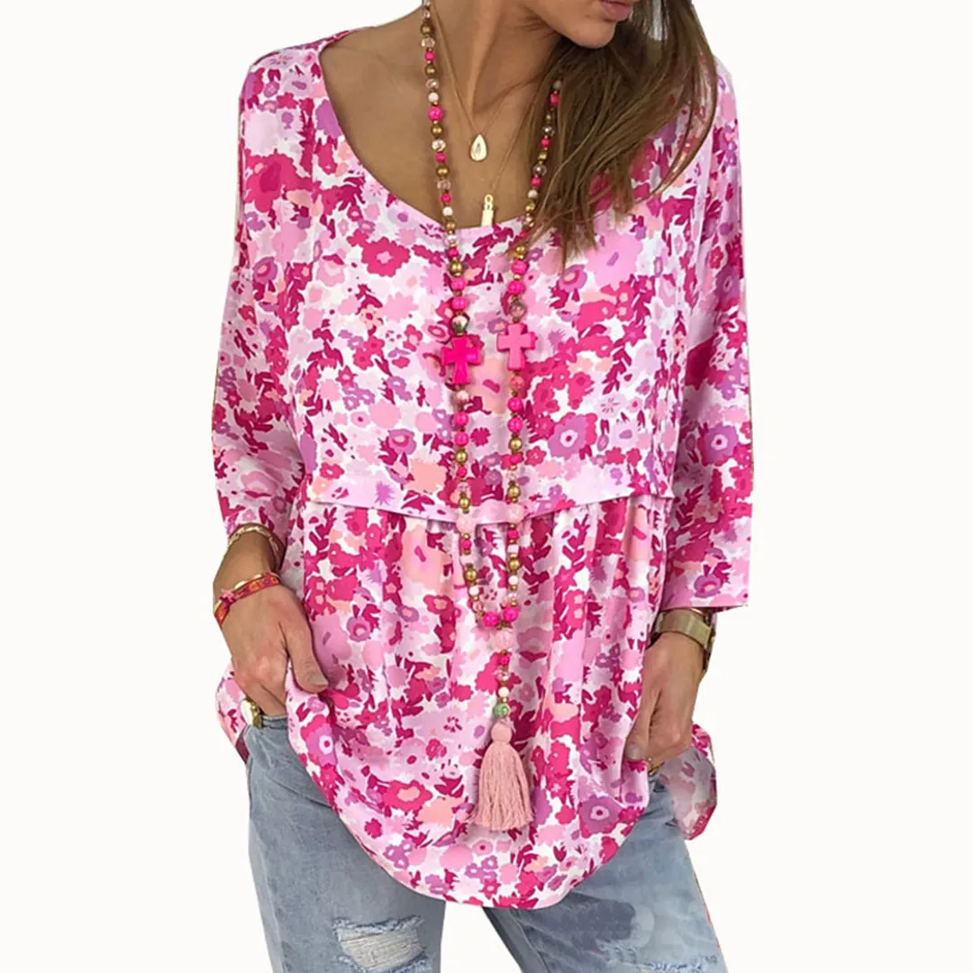 Kobiety Bluzki 2019 Lato Vintage Floral Print Boho Bluzka wakacyjna 3/4 Rękawę Loose T Shirt Tops Plus Rozmiar 5xl