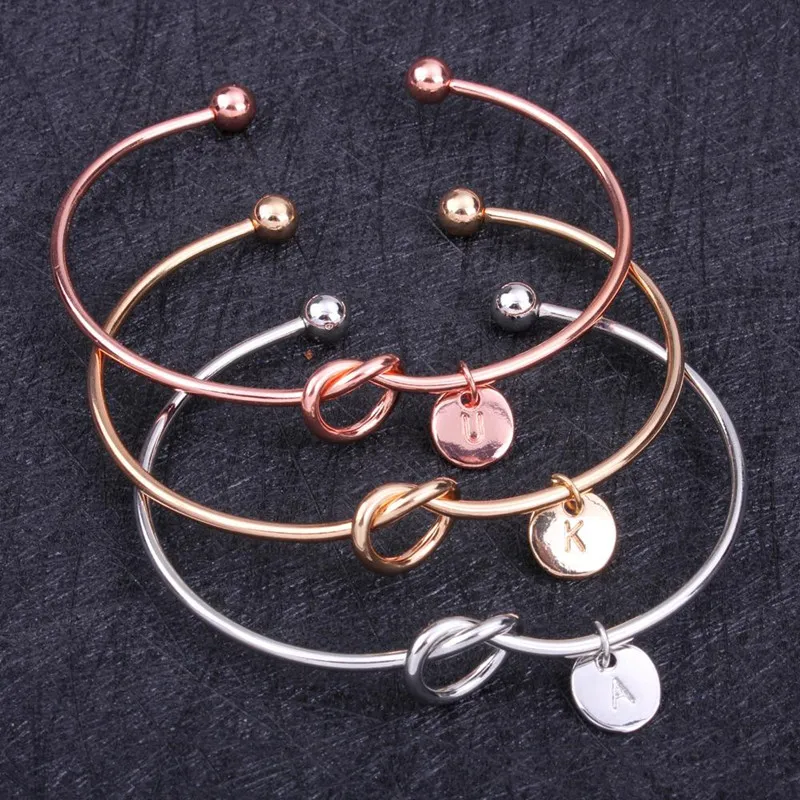 26 Letter Rose Gold Silver Gold Color Knot Heart Bracelet Bangle Girl Fashion Jewelry Zinc Alloy Round Pendant Chain & Link Bracelets
