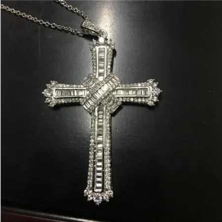 Vintage Long Cross Pendant Necklace 925 Sterling Silver 5A Zircon CZ Party Wedding Cross Pendant For Women Men Luxury Jewelry297X