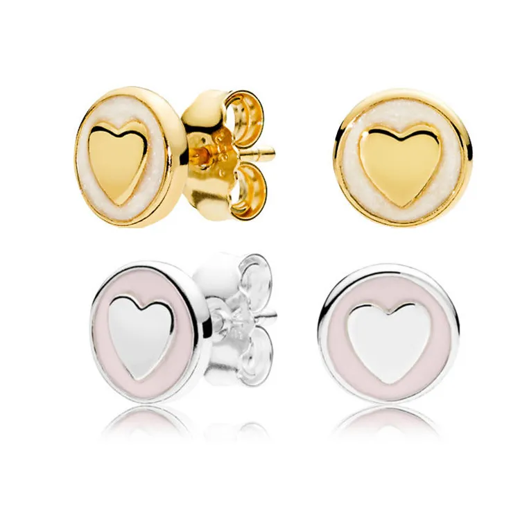 White\Pink Enamel Heart 14K yellow gold Stud Earrings for Pandora 925 Silver Womens Earring with Original Gift Box set