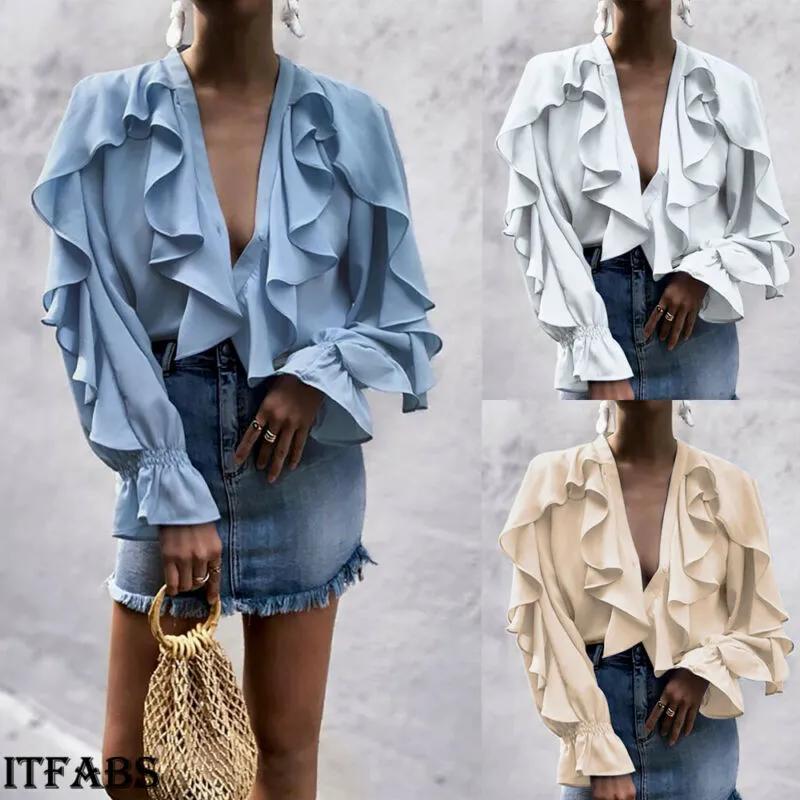 Shirts Women Blouses Sexy Office Shirt Clothing Ruffle Bell Sleeve Ladies Shirts Sexy Tops Womens Clothing Summer Female Blouses hot