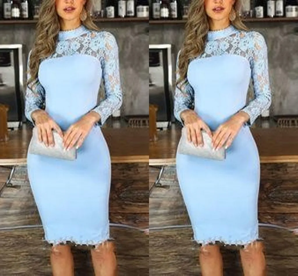 2022 Sheath Light Blue Cocktail Party Dresses High Neck Illusion Long Sleeve Lace Knee Length Prom Evening Special Occasion Dress Cheap