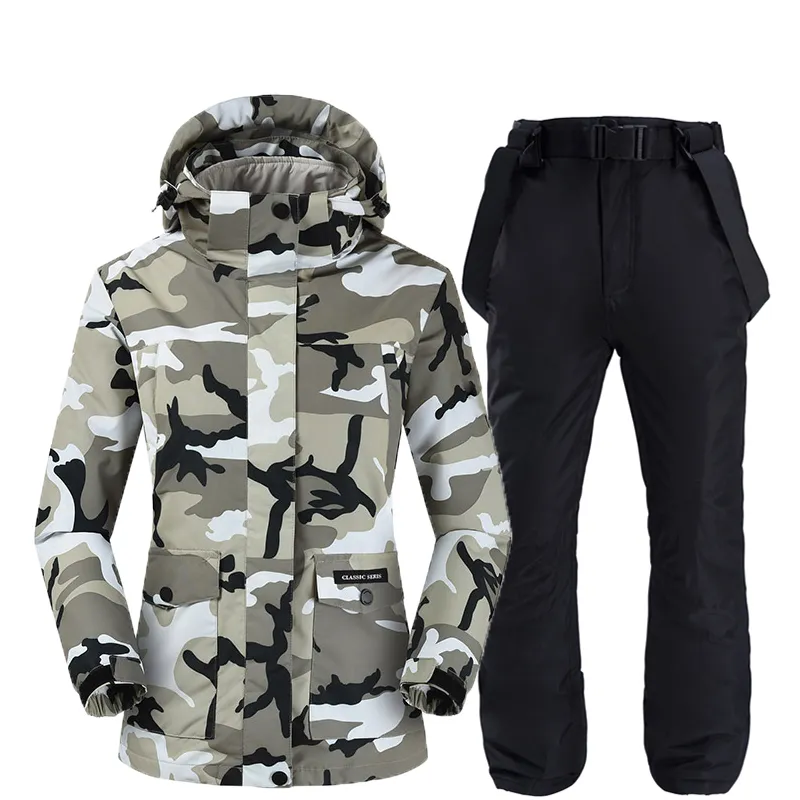 Tweellagen Camouflage Dames Sneeuwpak Snowboarding Kleding Winter Outdoor Sportkleding Waterdichte Ski Jassen + Sneeuw Belt Broek