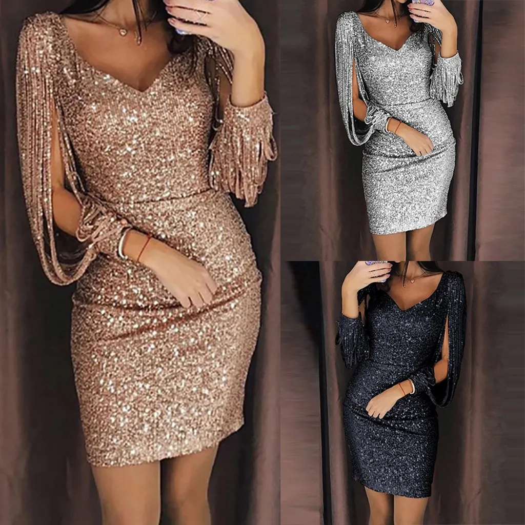 2019 Nova Moda Sexy Mulheres V Ncek Sólido Glitter Lantejoulas Costura Brilhante Clube Bainha Manga Comprida Mini Vestido Para feminino