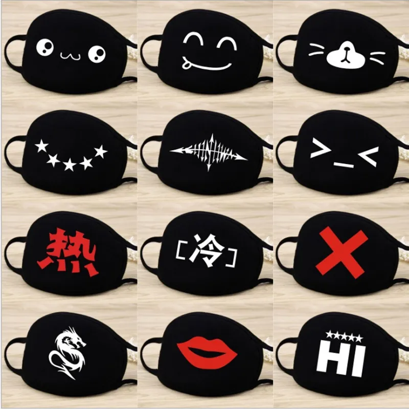 Simple Cotton Mask Simple Unisex Black Cycling Breathable Cotton Dust Mask Cartoon Expression Muffle Face Respirator Mouth Mask Outdoor Face