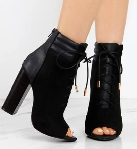 Designer ede Leather Patchwork Lace up Chunky Heel Short Boots Open Toe Thick Heel Ankle Booties