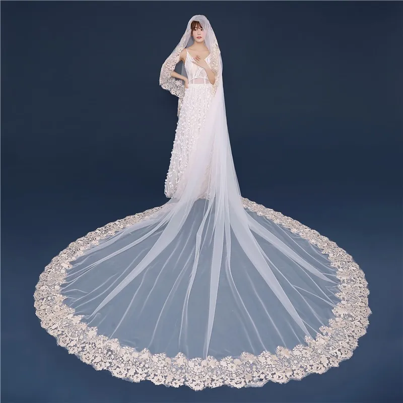 2019 Latest Wedding Veils Cathedral Length Full Lace Edge Appliqued Tulle Bridal Veils One Layer with Combs Customized