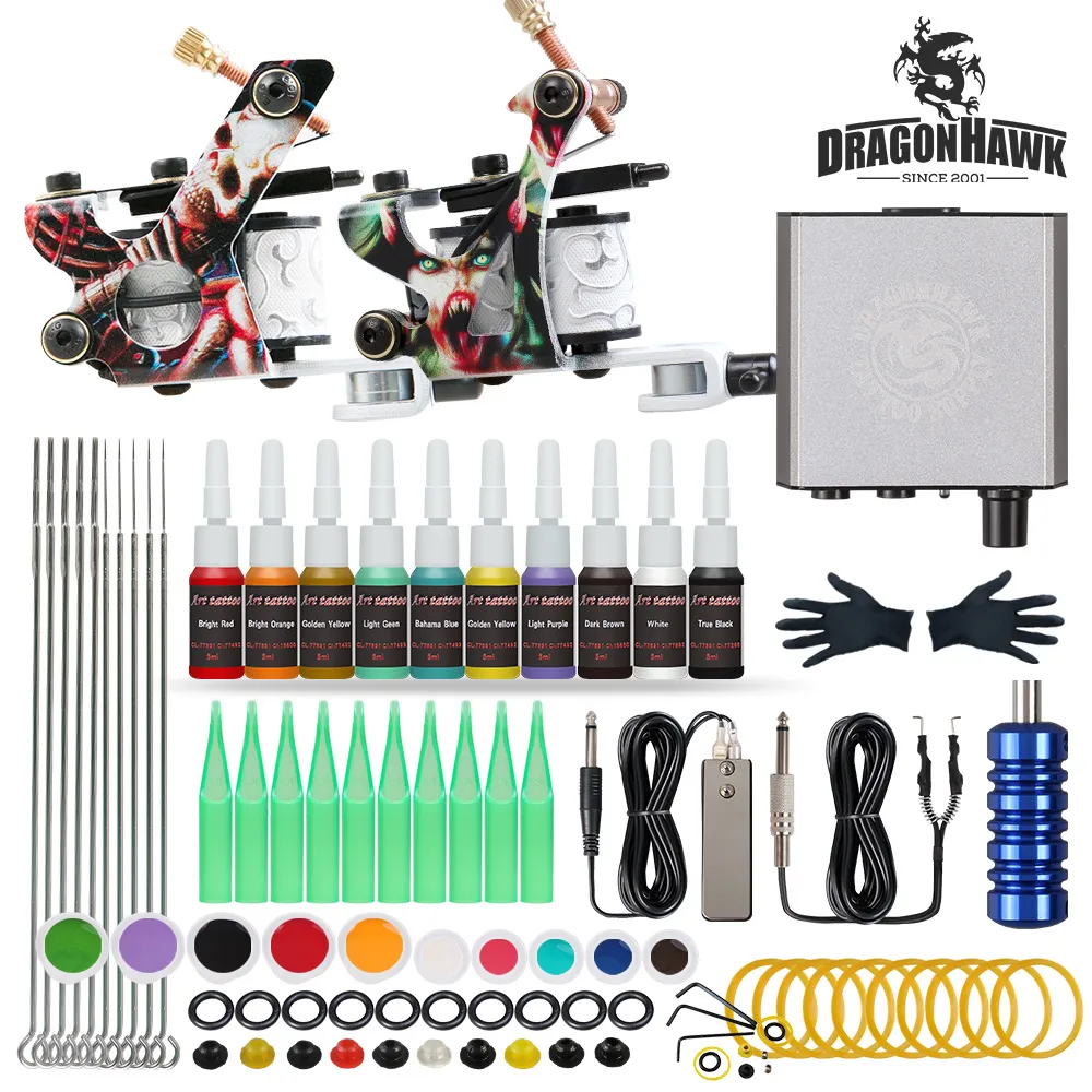 Dragonhawk Beginner Tattoo Kit 2 Machines Inks Mini Power Supply Set D175GD-17